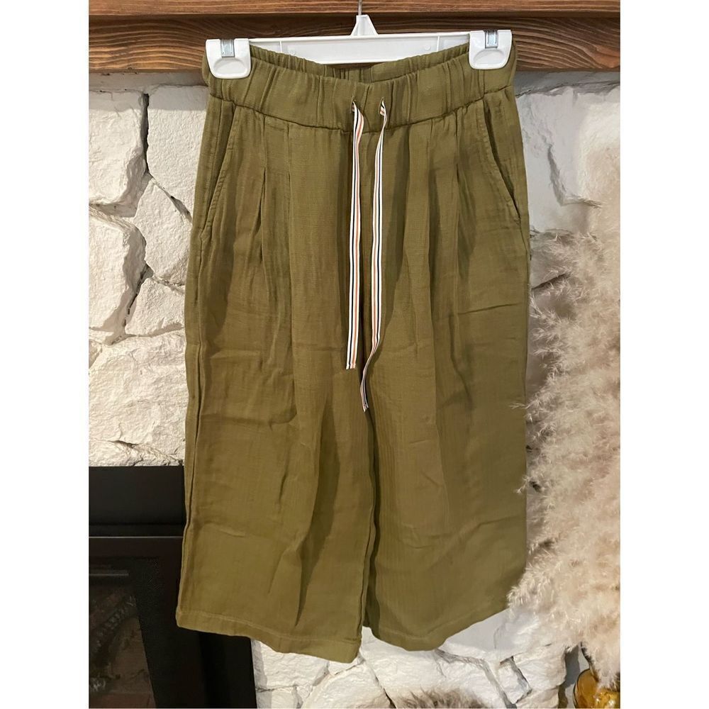 Anthropologie sundry cotton cropped wide leg draw string green pants size XS
